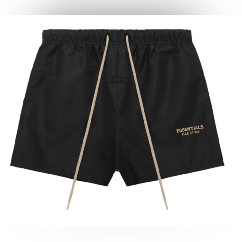 NWT Essentials Fear of God Nylon Shorts Cream Drawstrings, Size Small Jet Black